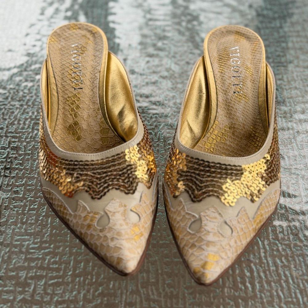 🦋 Vigotti Gold and Brown Sequin Mules